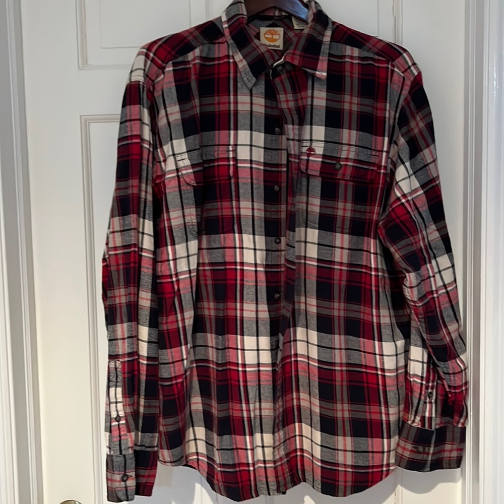 Men’s Timberland, plaid flannel shirt, size, XL, red, black, cream.